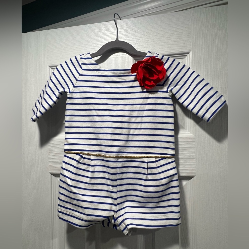 Janie and Jack, Size 12-18M, Striped Blue and White Romper with Red Flower